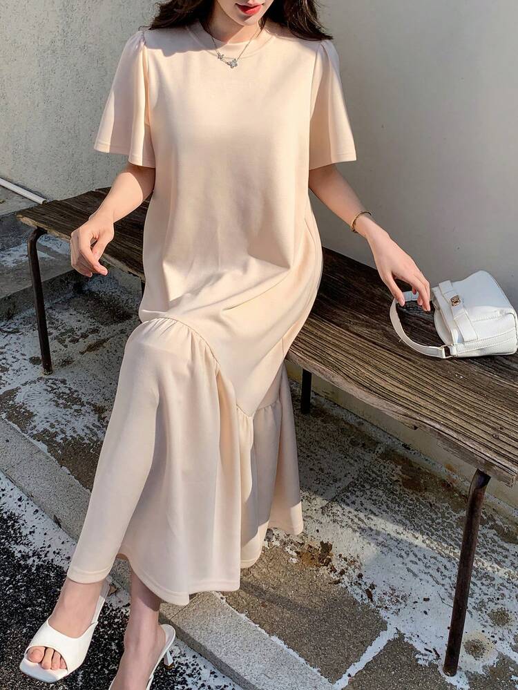 Women's Casual Solid Color Round Neck Puff Sleeve Ruffle Hem Mid-Length Dress, Summer Wedding Guest Dress Maxi Dress Sundress