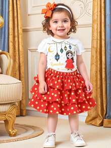 Baby Girls White Knit Round Neck Puff Sleeve Top And Burgundy Polka Dot Woven Cake Skirt Set, Suitable For Festive Occasions - Burgundy - View 1
