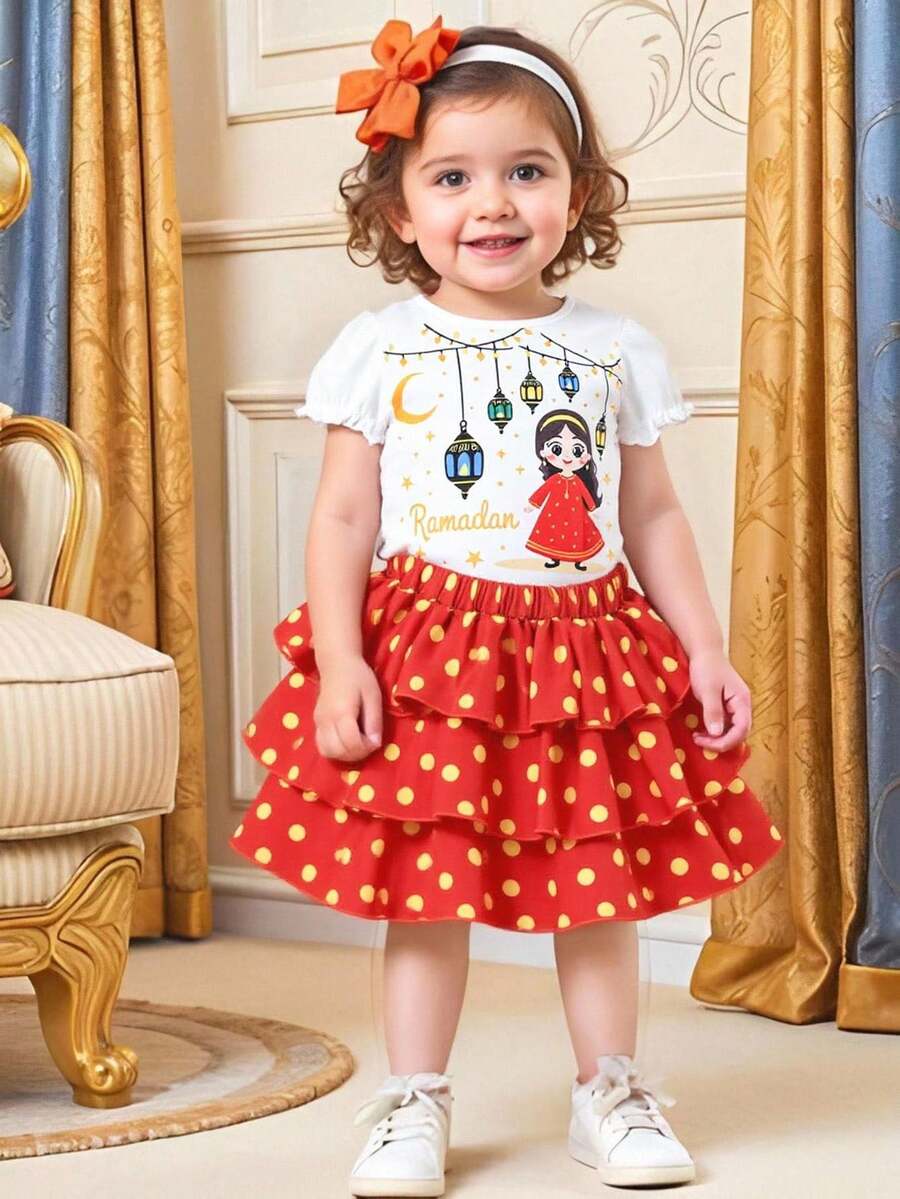 Baby Girls White Knit Round Neck Puff Sleeve Top And Burgundy Polka Dot Woven Cake Skirt Set, Suitable For Festive Occasions - Burgundy - View 1