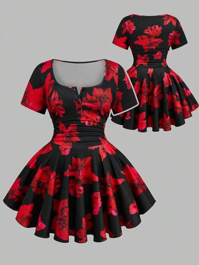 Sweetra Elegant Casual Versatile Black & Red Lily Floral Print U-Neck Half-Placket Short Sleeve Waist Ruched Fitted Dress With Flared Hem, Slimming, Suitable For Spring, Summer, Fall Vacation
