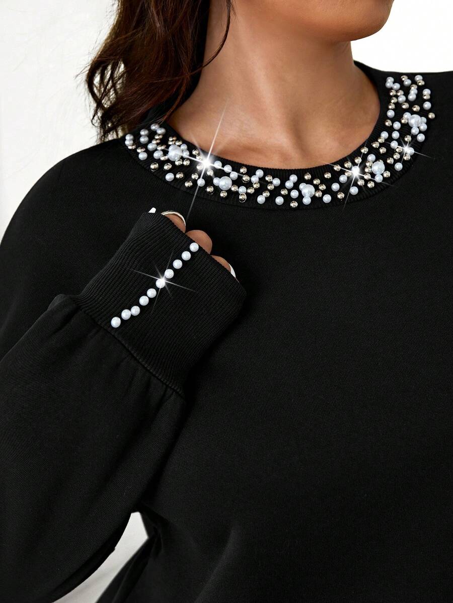 SHEIN EZwear 大码宽松圆领落肩长袖铆钉休闲套头卫衣，秋冬女装 - 黑色 - 查看 1