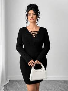 Elenzga Robe pull en tricot ajustée pour femmes grandes tailles en hiver - Noir - Voir 7