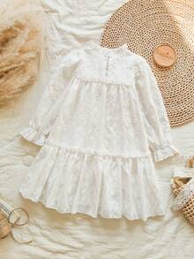 SHEIN Vintaside Kids 女童优雅公主风荷叶边领泡泡袖提花刺绣双层荷叶边下摆宽松公主裙，适合度假、旅行、派对、送礼、春秋季穿着。 - 白色 - 查看 2