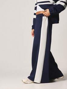 MISSGUIDED Wide Leg Navy Sweatpants With White Stripe Detailing Casual Loose Fit Joggers Elastic Waist Fall Winter Comfort Pants - Navy Blue - View 2