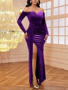 SHEIN Lady Đầm nữ màu trơn, trễ vai, tay dài, xếp ly, xẻ tà bên hông, dáng ôm thanh lịch. - Màu tím - Xem 7