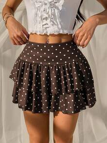 SHEIN EZwear Valentine's Day Brown Polka Dot Print Double Layer Women Skirt - Coffee Brown - View 3