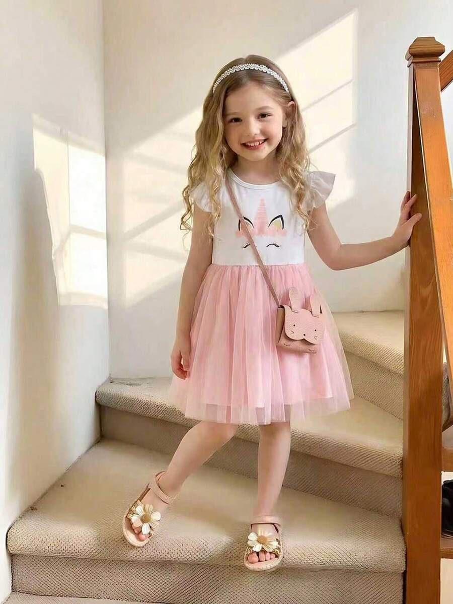 SHEIN Glamorique Kids 小女童獨角獸印花網紗拼接連衣裙