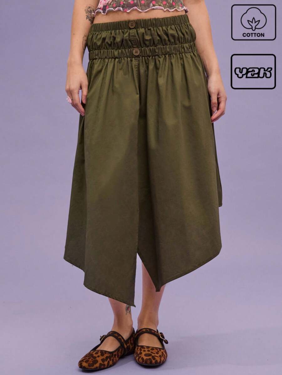 COUREZ Low Rise Asymmetric Midi Skirt , Summer For Women , Street Casual, Y2K, Leisure Music Festival, Cotton Vintage 100% Cotton - Army Green - View 1