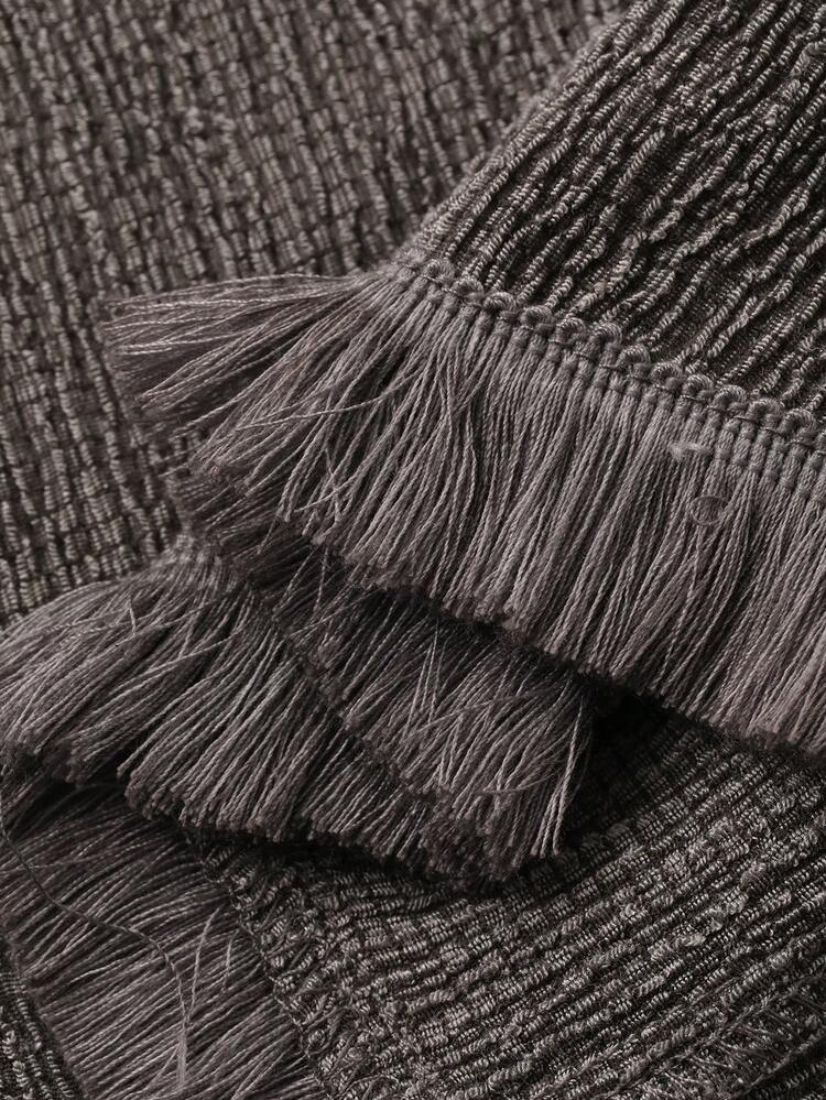 Textured Fabric Fringe Trim Loose Long Jumpsuit For Women, Loungewear