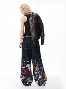 ROMWE MEN Men's Fashion Dragon Embroidered Wide-Leg Jeans - Dark Wash - View 3