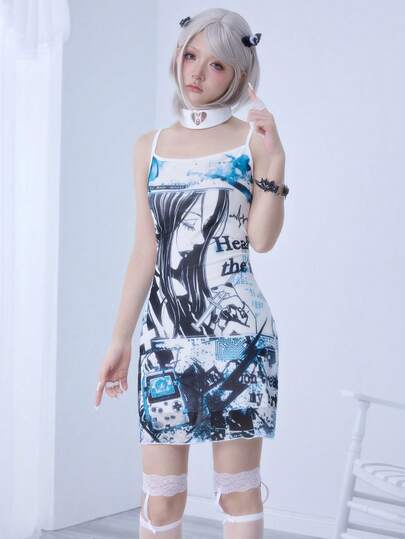 Anime فستان قصير للنساء مطبوع بطباعة إبرة طبية وحبوب من أنمي Y2K
