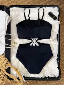 女童豹纹镂空连体泳衣，舒适时尚 - 黑色 - 查看 2