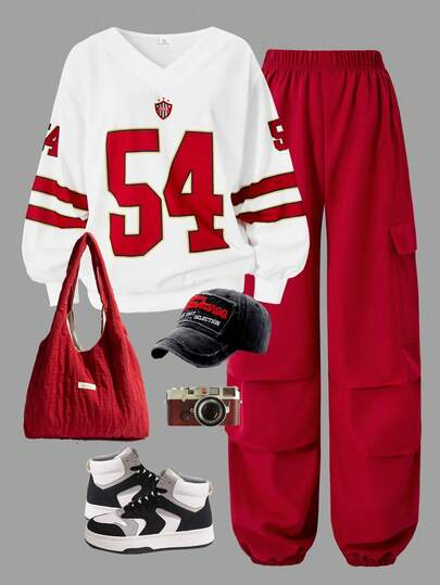 SHEIN Explorewe 青少年女孩春秋运动数字印花长袖针织运动衫和侧口袋工装裤两件套