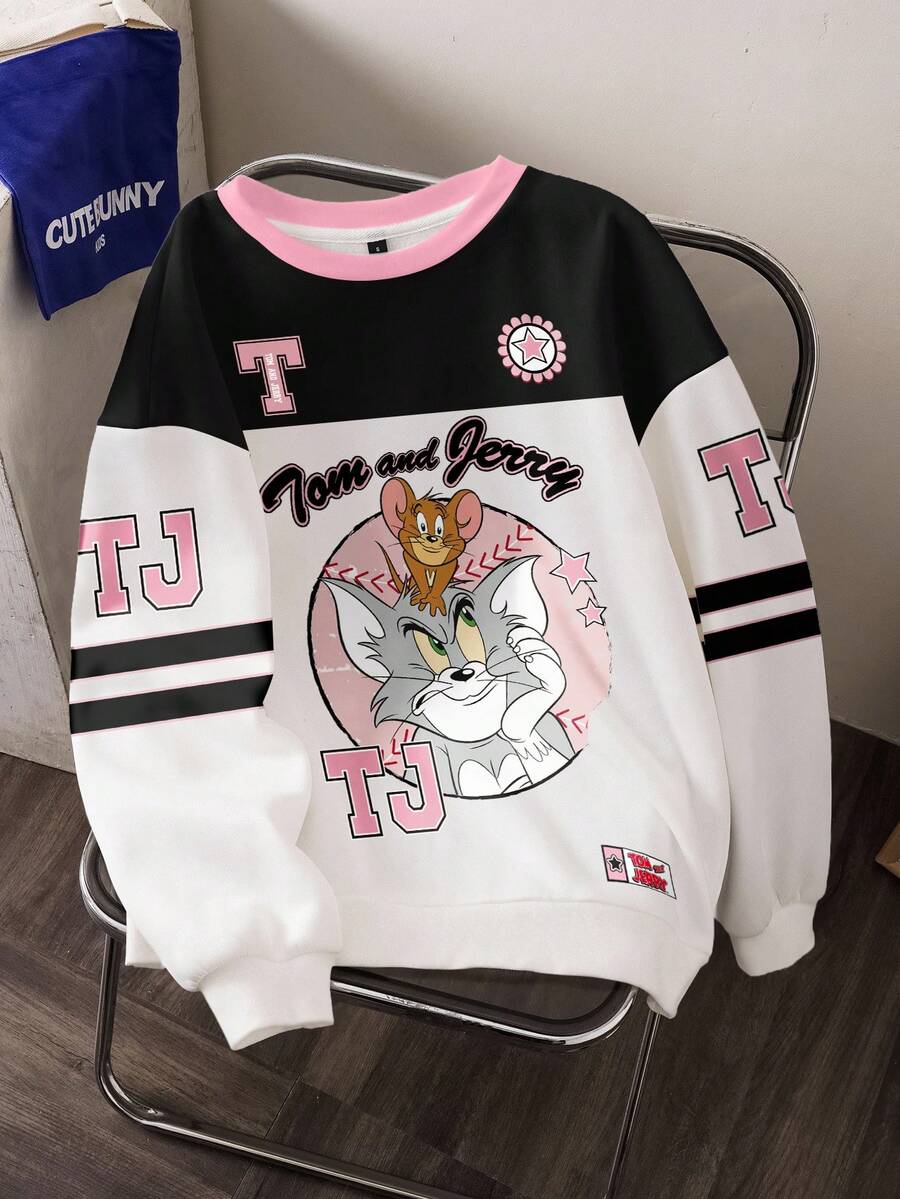 TOM & JERRY X SHEIN Áo sweatshirt nữ cổ tròn phối màu, phong cách thường ngày, thích hợp đi làm, họa tiết hoạt hình chữ cái. - trắng - Xem 1