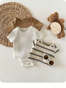 SHEIN Bộ 3 món áo liền thân tay ngắn kẻ sọc dễ thương cho bé trai sơ sinh. - Màu Khaki - Xem 4