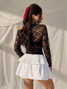 SHEIN EZwear 性感透视黑色蕾丝不对称领口女式T恤 - 黑色 - 查看 2