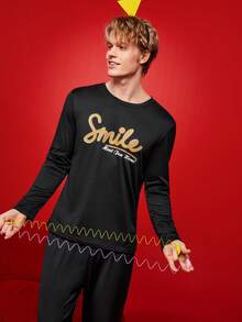 Notgurli Letter Print Crew Neck Long Sleeve Pants Pajama Set - Black - View 5