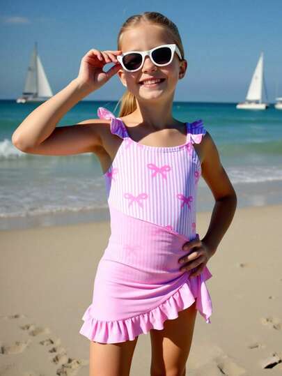 SHEIN Young Girl Summer Vacation Cute Striped Bow Print Ruffle Shoulder One-Piece Swimsuit With Solid Color Mesh Cover-Up And Half Skirt, Fashionable And Elegant European And American Style Summer Vacation Thermal Christmas Holiday Festival New Years Valentines Swim Kids Swim Dress Pink Bathing Suit For Kids Pink Swim Dress For Kids Beach Clothing For Girls Girls Beach Clothing Pink Bathing Suit Kids Pink Swim Dress For Girls Pink Swim Shirt For Girls Tweens Swim Dress