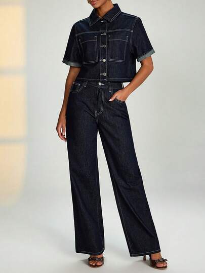 RueChic Women's Short Sleeve Single-Breasted Pocket Denim Shirt And Denim Pants Casual Suit