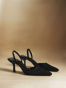 Rosivie 米色编织露趾细高跟女鞋，优雅尖头露后跟女鞋 - 黑色 - 查看 3