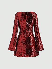 Sweetra Đầm dự tiệc Giáng sinh đính sequin dành cho nữ, đầm lấp lánh, trang phục năm mới, phù hợp cho mùa xuân, thu, đông, dự tiệc, đi làm, mặc hàng ngày, du lịch, kỳ nghỉ, đầm ngắn dáng chữ A tay dài xòe eo màu hồng. - Màu Đỏ Sâu - Xem 2