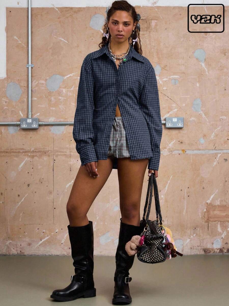 COUREZ Long Sleeve Cinched Check Shirt With Back Tie /Y2K Going Out Women Cute Spring Going Out Tops - Blue - View 1