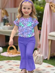 Cute Cartoon Colorful Rabbit Print, Easter, Young Girl Casual Cartoon Pattern Round Neck Short Sleeve Top And Flare Pants 2 Pieces Set, Suitable For Summer 5 6y Crop Top Purple Outfit Girl Trouser Party Outfit 8 Year Old Young Girls Purple Outfit Purple Sets For Girls Pants And Top - Multicolor - View 1