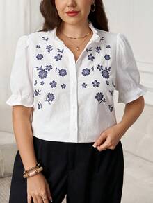 SHEIN LUNE Plus Size Women Floral Embroidery Short Puff Sleeve Single-Breasted Casual Shirt Ruffle Neck Cotton Blouse Floral Embroidered Top 100 Cotton Tops White Top White Shirt White Blouse - Multicolor - View 9