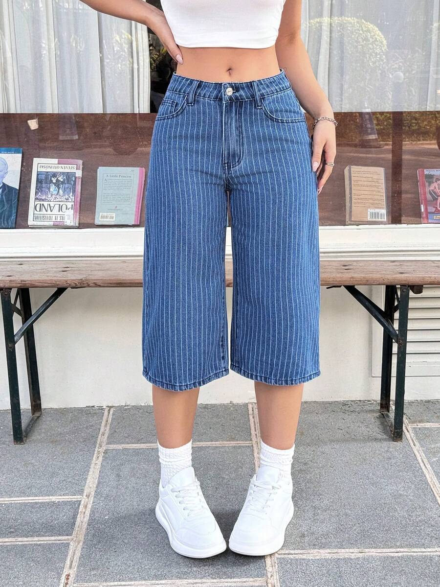 Rivivi 女士低腰时尚条纹水洗直筒牛仔裤 - 深色水洗藍 - 查看 1