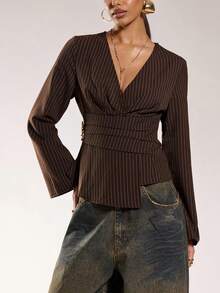 Normani Women's V-Neck Striped Metal Decor Ruched Asymmetric Hem Fashionable Versatile Commuter Bell Sleeve Blouse - Brown - View 4