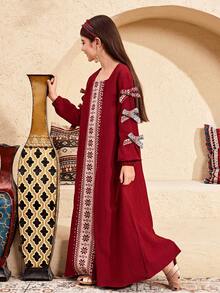 SHEIN 少女复古宽松休闲方领拼接图案长袖连衣裙 - 酒紅色 - 查看 6