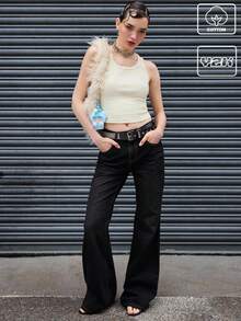 COUREZ 低腰宽松喇叭牛仔裤/女士夏季穿搭 夏季下装 Y2K 街头风 复古棉质 - 黑色 - 查看 1