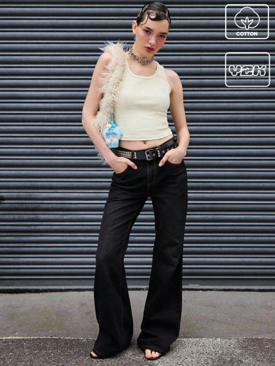 COUREZ 低腰宽松喇叭牛仔裤/女士夏季穿搭 夏季下装 Y2K 街头风 复古棉质 - 黑色 - 查看 1