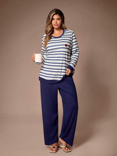 Lazeform Plus Size American Casual Striped Heart Print Long Sleeve Pajama Set
