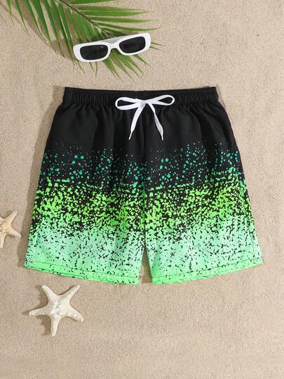 Tween Boy Gradient Print Drawstring Waist Casual Swim Trunks Bathing Suits For Teens Beach Shorts Color Changing Shorts For Boys Bathing Suits For Teens Shorts Boys Swim Shorts With Functional Drawstring Neon Boys Swim Trunks Boys Swim Shorts Drip Shorts For Boys Color Changing Shorts For Kids For Boys