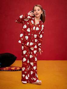 HARRY POTTER X SHEIN Conjunto de pijama de niña preadolescente con parte superior con cuello y pantalones estampados con búhos de dibujos animados, resistente a las llamas, para otoño/invierno - Rojo - Ver 7