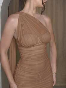 Andrea Bello Women's Halter Neck Chiffon Dress With Ruffled Bust Pads And Flowy Skirt - Camel - View 4