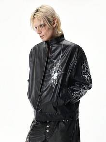 ROMWE MEN Goth Men's Fashion Spider Web & Letter Print Jacket - Black - View 6