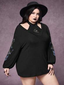ROMWE Setelan 2 Potong Wanita Ukuran Besar Motif Kulit Ular Gothic dengan Bordir Bunga, Terdiri dari Kamisol dan Atasan Luar. - Hitam - View 4