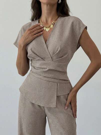 Aloruh Spring/Summer New Arrival Set, Elegant Resort Wear, Apricot Linen Asymmetric Sleeve Side Ruched Waist Commuter Apricot Bamboo Linen Fabric Shirt & High Waist Wide Leg Pants Set, Fashionable Commuter Style Ruched Waist Asymmetric Hem Shirt & Pants Two Pieces Set, Suitable For All Seasons, Elegant Commuter, Daily Outing, Casual Matching, Graduation Ceremony, Teacher's Day, Back To School And Other Occasions. Pant Suit Summer SetsApricot Woven Fabric Two-Piece Outfit With V Neck Wrap Blouse And Reg
