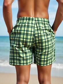 Manfinity Swimmode Men's Plaid Print Drawstring Pocket Beach Shorts Mens Checkered Swim Trunks Men Green Swim Trunk - Multicolor - View 2