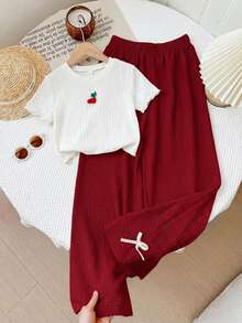 LMoss Kids LMoss Tween Girl 2pcs Tween Girls' Jacquard Jacquard Bodysuit Top And Textured Wide-Leg Pants Set - Red and White - View 1