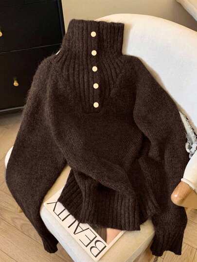 Franclia Plus Size Turtleneck Metal Button Raglan Sleeve Fluffy Solid Casual Pullover Sweater For Women, Versatile For Commute And Daily Wear, Autumn/Winter Button Up Sweater Brown Clothes Brown Sweater Chocolate Brown Top Brown Knit Sweater