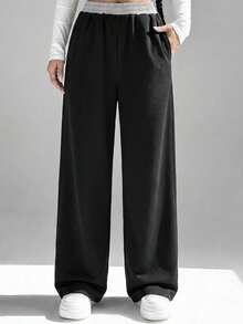 SHEIN Pantalones jogger de niña preadolescente de estilo casual de calle con cintura con cordón y contraste de color - Negro - Ver 3