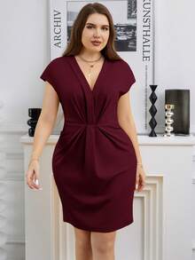 SHEIN Clasi Plus Size Women V-Neck Cap Sleeve Elegant Sheath Dress - Maroon - View 6