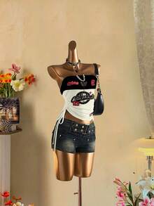 SHEIN EZwear 女士休闲抽绳系带露脐抹胸上衣 - 紅色和黑色 - 查看 2