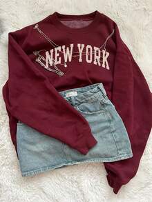 Glimmora 女士字母印花圆领宽松长袖休闲卫衣 - 酒紅色 - 查看 4