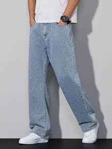 Manfinity Homme Loose Fit Men's Slant Pocket Straight Leg Jeans Mens Light Wash Wide Leg Jeans - Light Wash - View 5