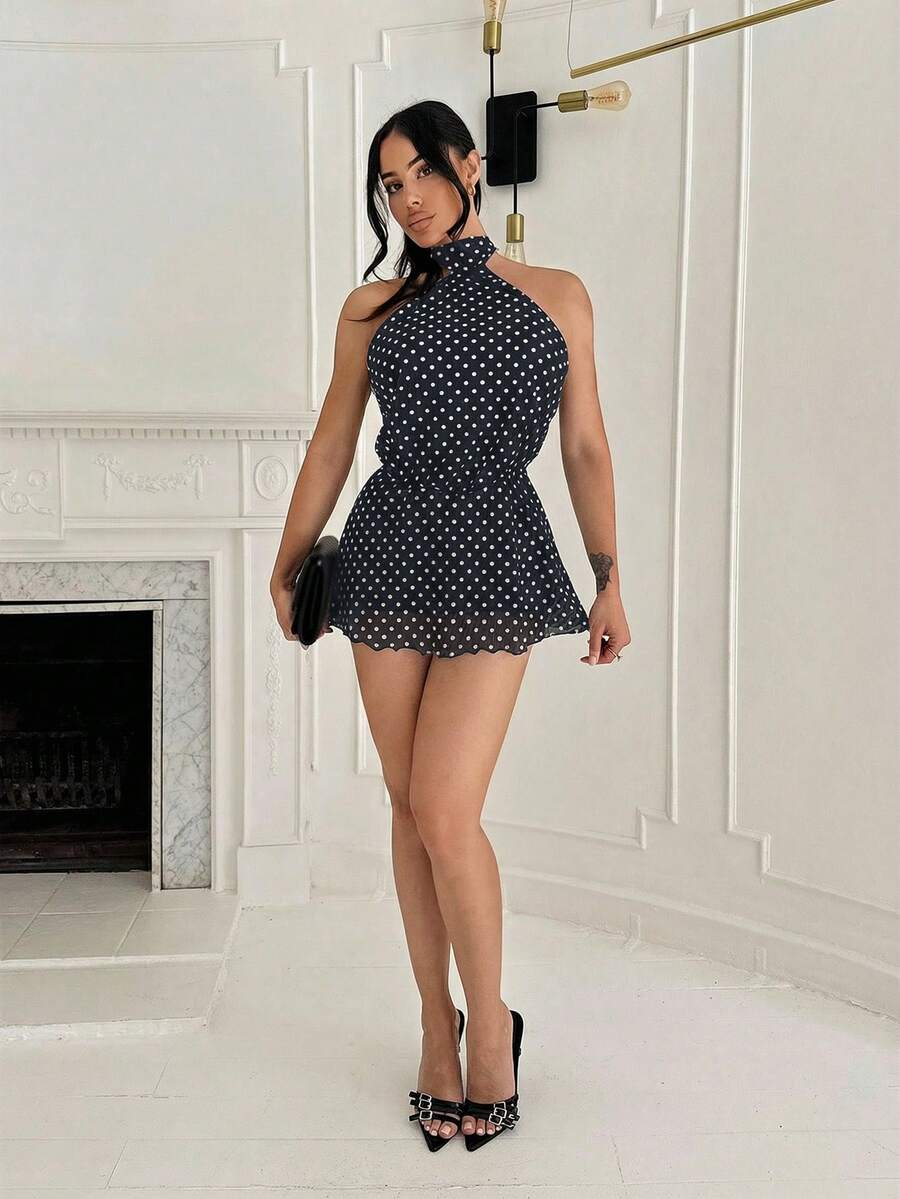 Shopreo 女士优雅圆点印花露背迷你吊带连衣裙 - 黑色 - 查看 1