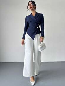 Firerie 女士纯色缺角领单排扣不对称下摆优雅职业长袖西装外套 - 藏蓝色 - 查看 7